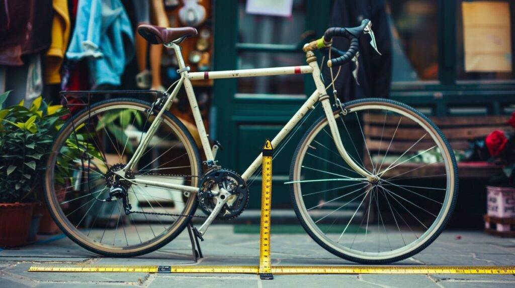 Fahrrad neben einem Maßband, um zu zeigen, wie viel Zoll das Rad hat