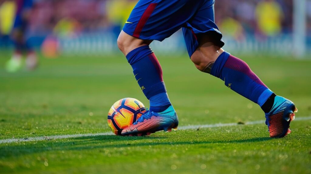 Lionel Messi trägt seine Fußballschuhe auf dem Spielfeld, welche Fußballschuhe trägt Messi, während er einen Fußball kickt