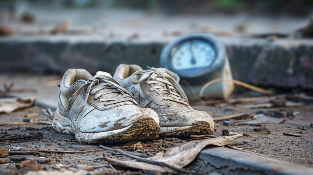 Laufschuhe auf einer Strecke, die das Konzept visualisieren, wie viele km halten Laufschuhe, mit Fokus auf Verschleiß und Haltbarkeit