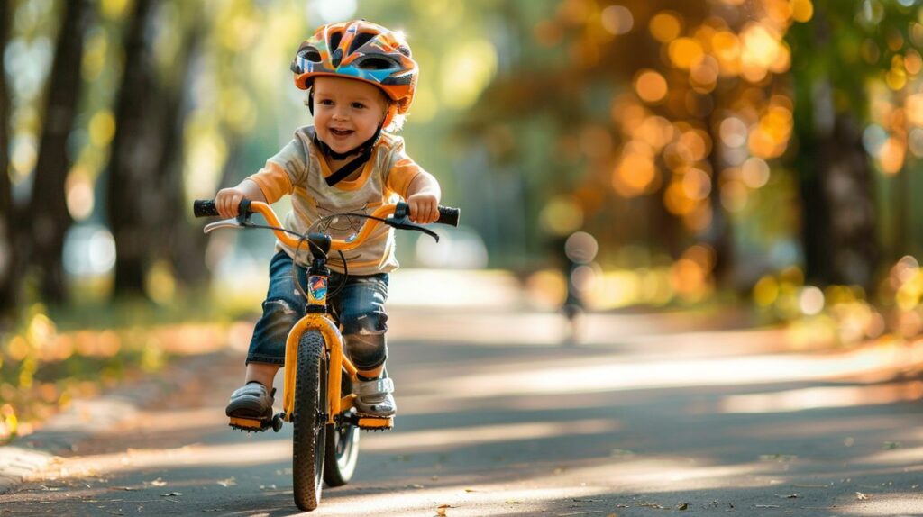 Kind lernt Fahrradfahren im Park, ab wann können Kinder Fahrrad fahren, Elternhilfe und Sicherheitsausrüstung