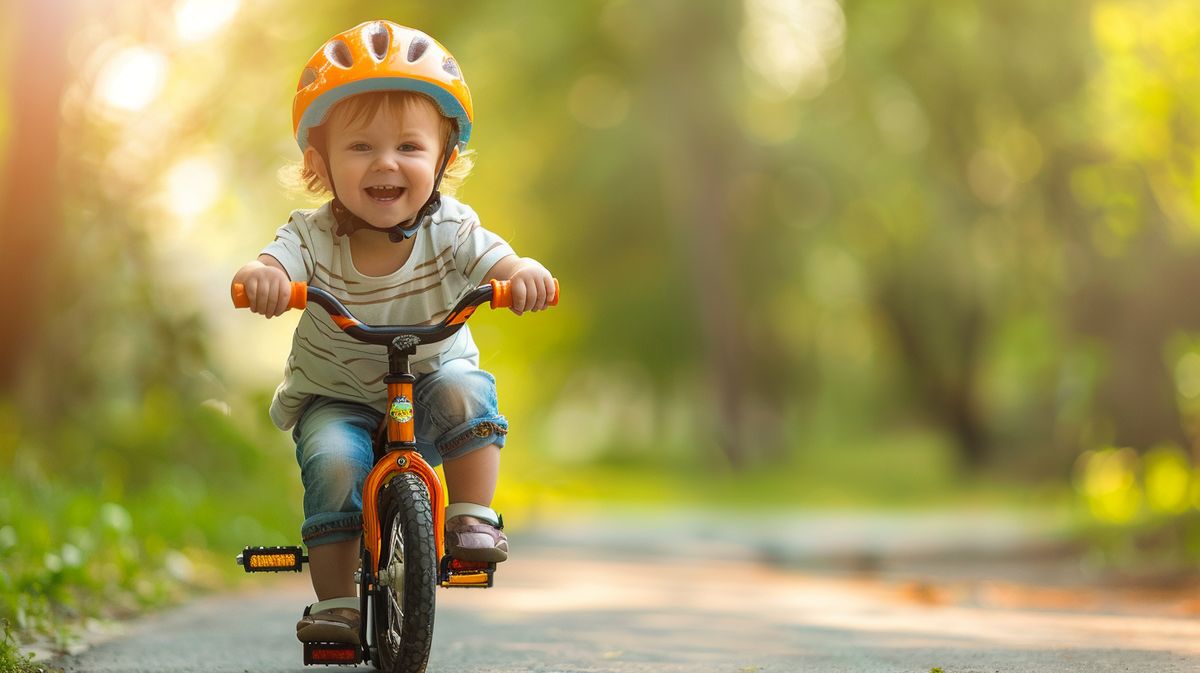 Kleines Kind lernt Fahrradfahren im Park, ab wann können Kinder Fahrrad fahren