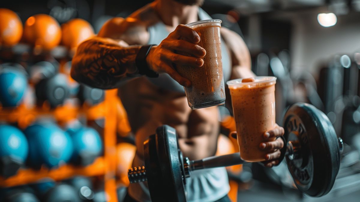 Sportler trinkt Proteinshake im Fitnessstudio, Entscheidung über Protein vor oder nach dem Sport