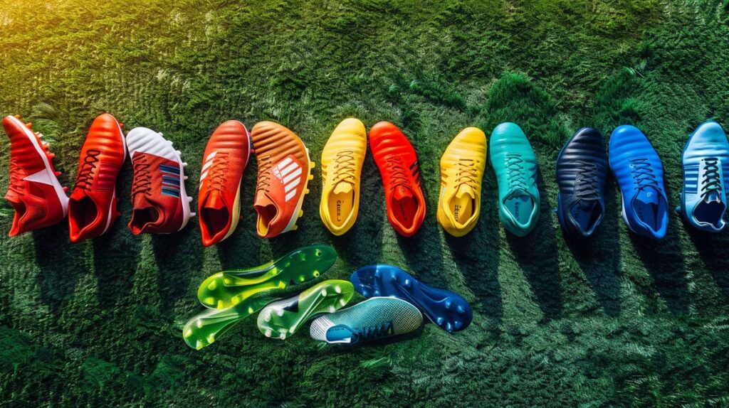 Welche Fußballschuhe für welche Position am besten geeignet sind, zeigt dieses Bild mit verschiedenen Fußballschuhen und Positionen auf dem Spielfeld