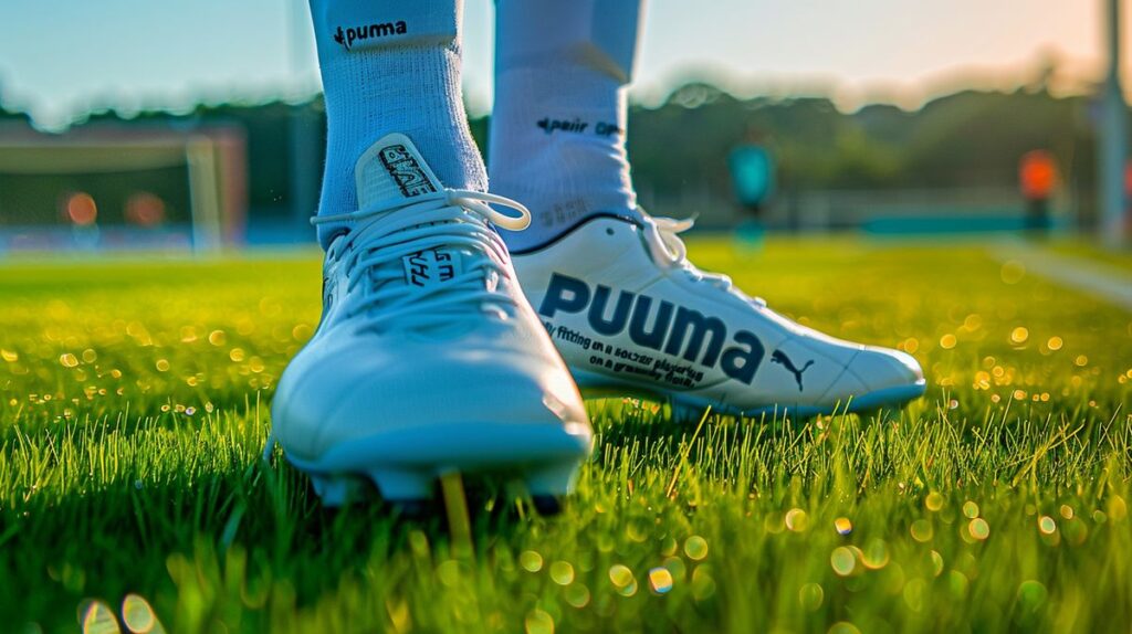 Fußballspieler trägt Puma Fußballschuhe, um zu demonstrieren, wie fallen Puma Fußballschuhe aus auf dem Spielfeld