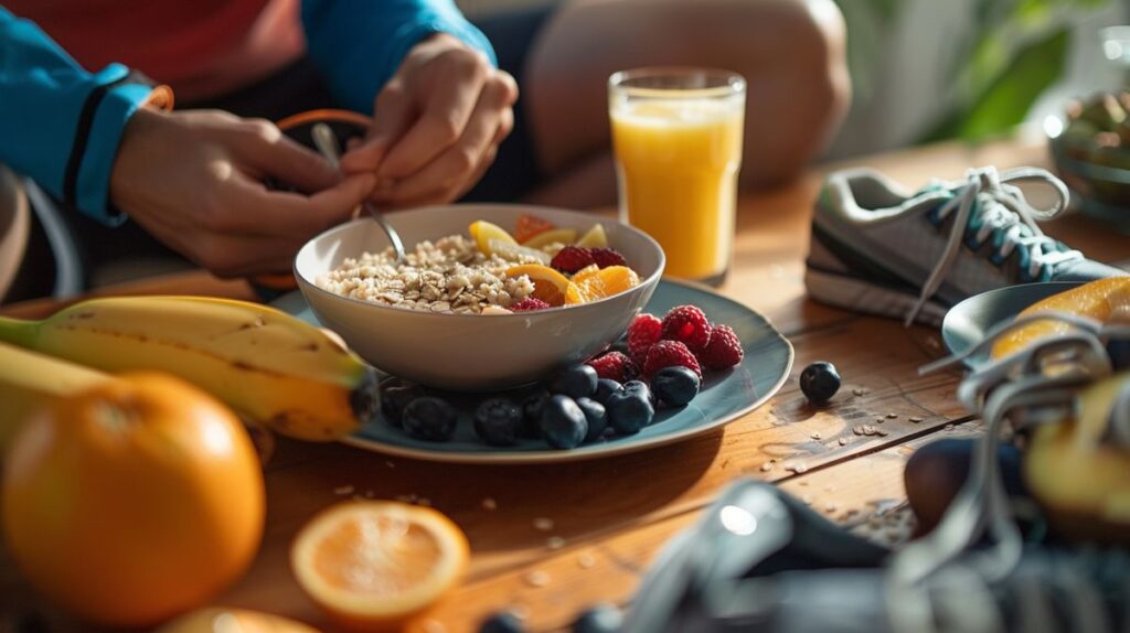 Gesunde Auswahl an Frühstück vor dem Sport mit Müsli, Obst und Joghurt auf einem hellen Tisch