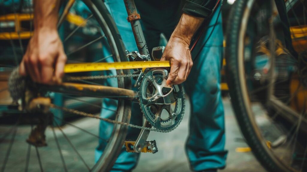 Frau misst die Rahmenhöhe eines Fahrrads mit einem Maßband, Anleitung wie misst man die Rahmenhöhe beim Fahrrad