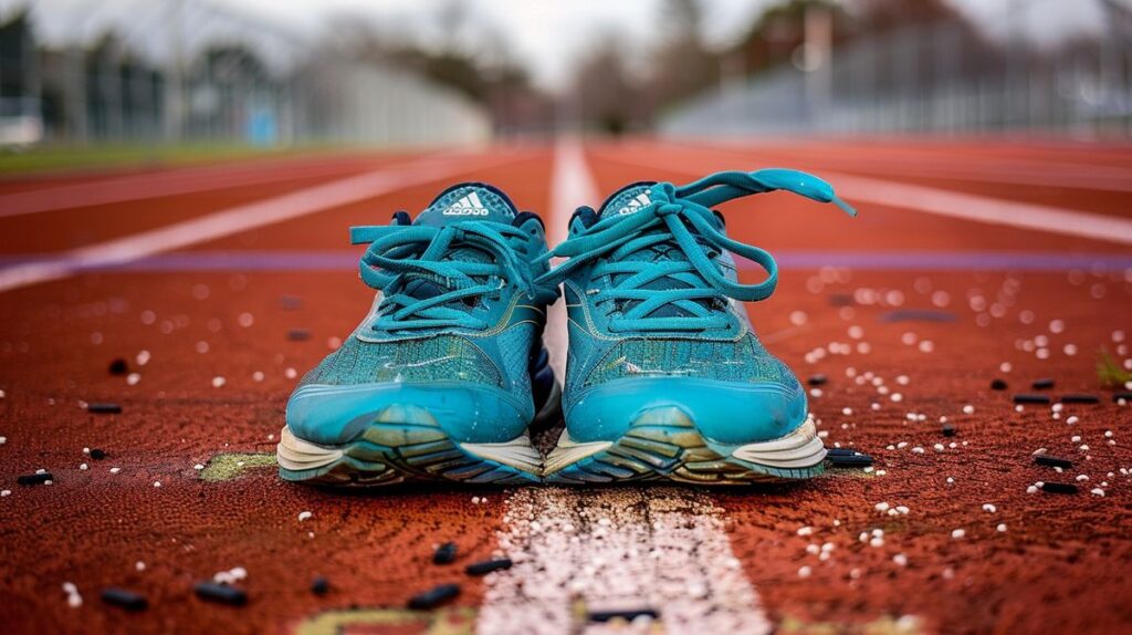 Welche Laufschuhe für schwere Läufer geeignet sind, zeigt dieses Bild mit verschiedenen robusten Laufschuhen auf einem Sportplatz