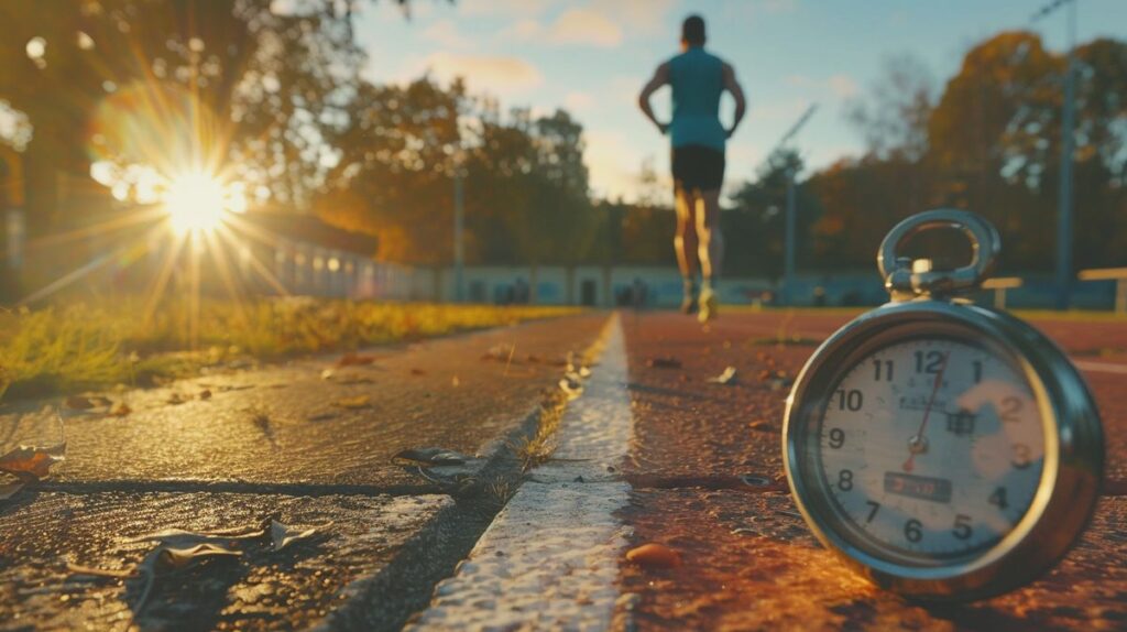 Läufer beim Start eines 3km Laufs, perfekte Zeit für 3km Lauf Herausforderung auf einer sonnigen Rennstrecke