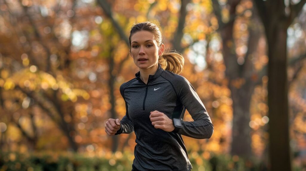 Frau überprüft Fitnessdaten auf ihrer Garmin Lily Sport Smartwatch im Park während des Laufens, Garmin Lily Sport Test