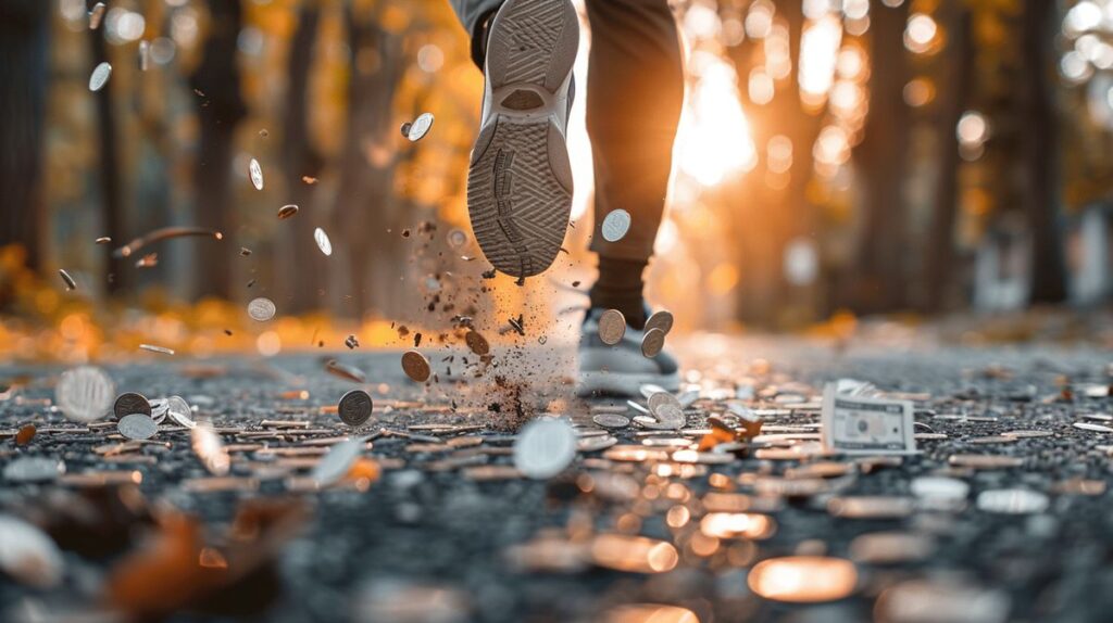 Frau beim Joggen im Park nutzt eine App, um durch Laufen Geld zu verdienen