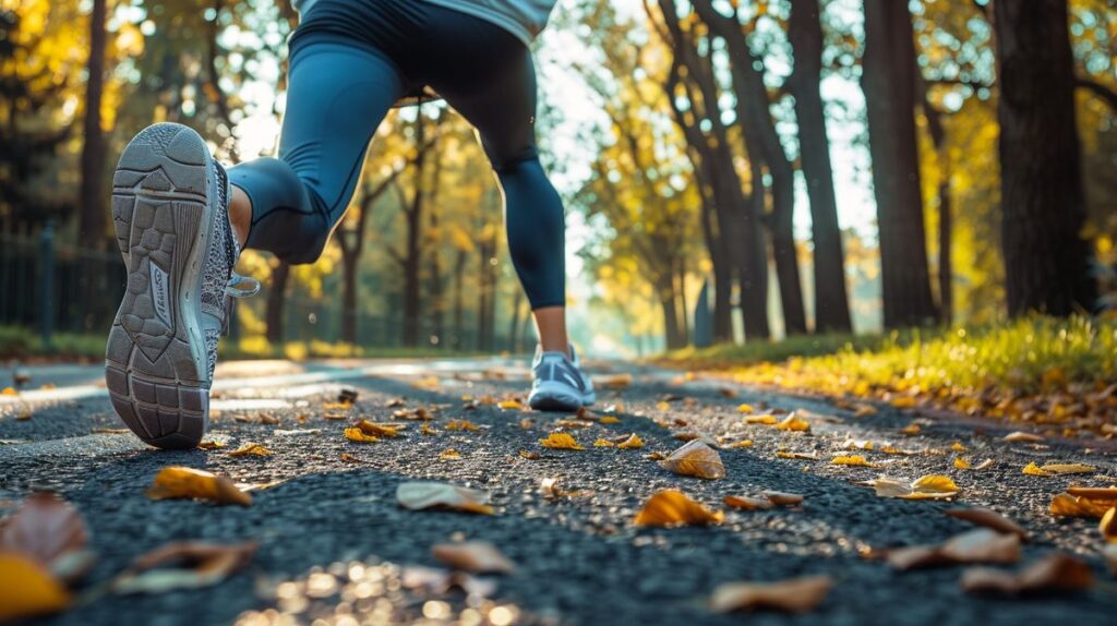 Sportlerin beim Dehnen nach Laufen im Park zur Verbesserung der Flexibilität und zur Vorbeugung von Verletzungen