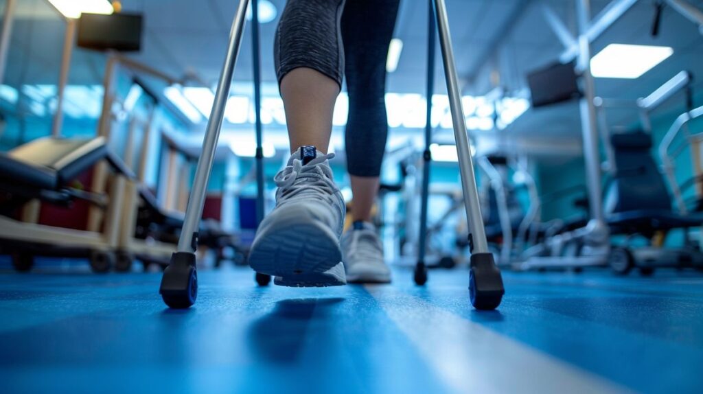 Frau macht Physiotherapieübungen mit Unterstützung eines Therapeuten, um das Laufen nach einer Sprunggelenksfraktur wieder zu erlernen