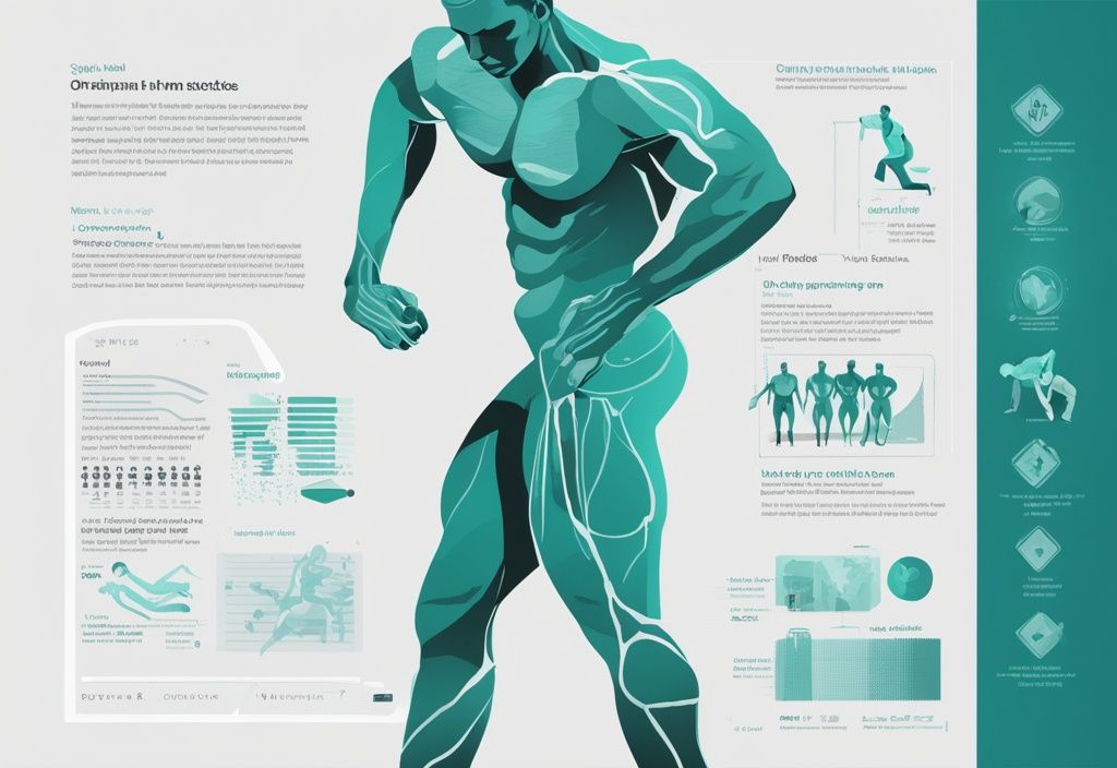 Moderner digitaler Gemälde-Illustration mit einer Infografik, die eine menschliche Silhouette und hervorgehobene Muskelgruppen zeigt, die optimal zusammen trainiert werden können, Hauptfarbthema ist Türkis.