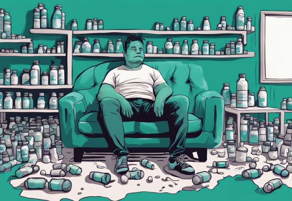 Eine moderne digitale Illustration in Teal: Eine Person sitzt auf einem Sofa, umgeben von leeren Proteinshake-Flaschen, mit sichtbar aufgeblähtem Bauch und verwirrtem Gesichtsausdruck. was passiert wenn man Protein Shakes trinkt aber nicht trainiert