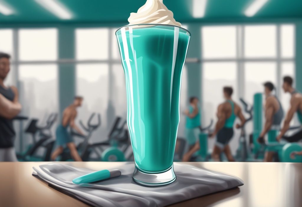 Nahaufnahme eines cremigen Proteinshakes in einem hohen Glas vor einem Fitnessstudio-Hintergrund, moderne digitale Malerei, Hauptfarbthema: Türkis.