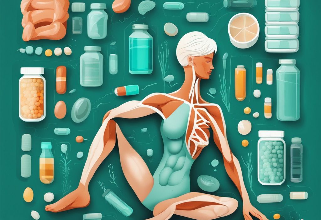 Moderne digitale Malerei mit einem stilisierten menschlichen Körper, umgeben von verschiedenen Vitaminpräparaten, in Teal-Farbtönen, die Muskeln und Nerven hervorheben.