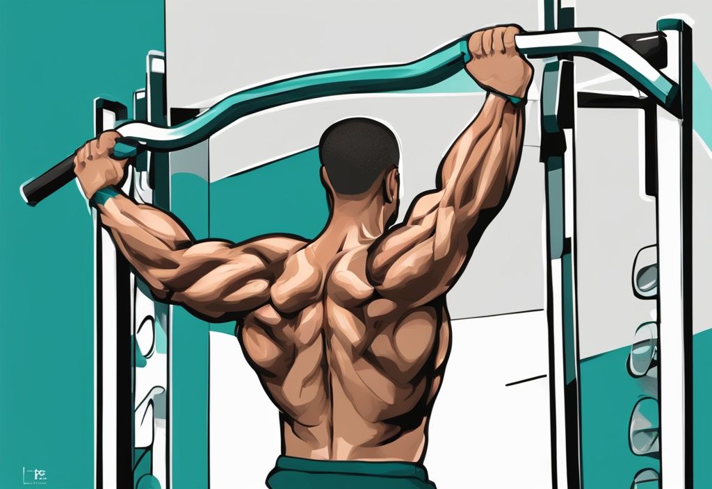 Moderne digitale Illustration einer Person, die eine Lat Pulldown Übung ausführt, mit hervorgehobenen und beschrifteten Muskeln: Latissimus dorsi, Bizeps und Rhomboiden, Hauptfarbe: Türkis.