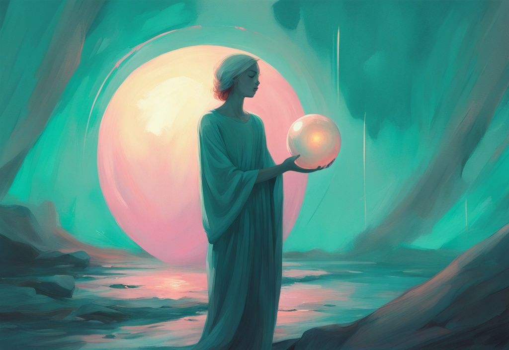 Moderne digitale Malerei mit müder, ätherischer Figur, die einen leuchtenden Orb in den Himmel freigibt, symbolisierend "wenn die Seele nicht mehr kann", Hauptfarbthema Teal.