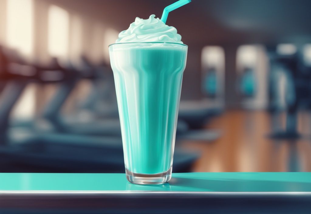 Nahaufnahme eines cremigen Protein Shakes in einem klaren Glas mit verschwommenem Fitnessstudio-Hintergrund, Protein Shake cremig wie im Fitnessstudio.