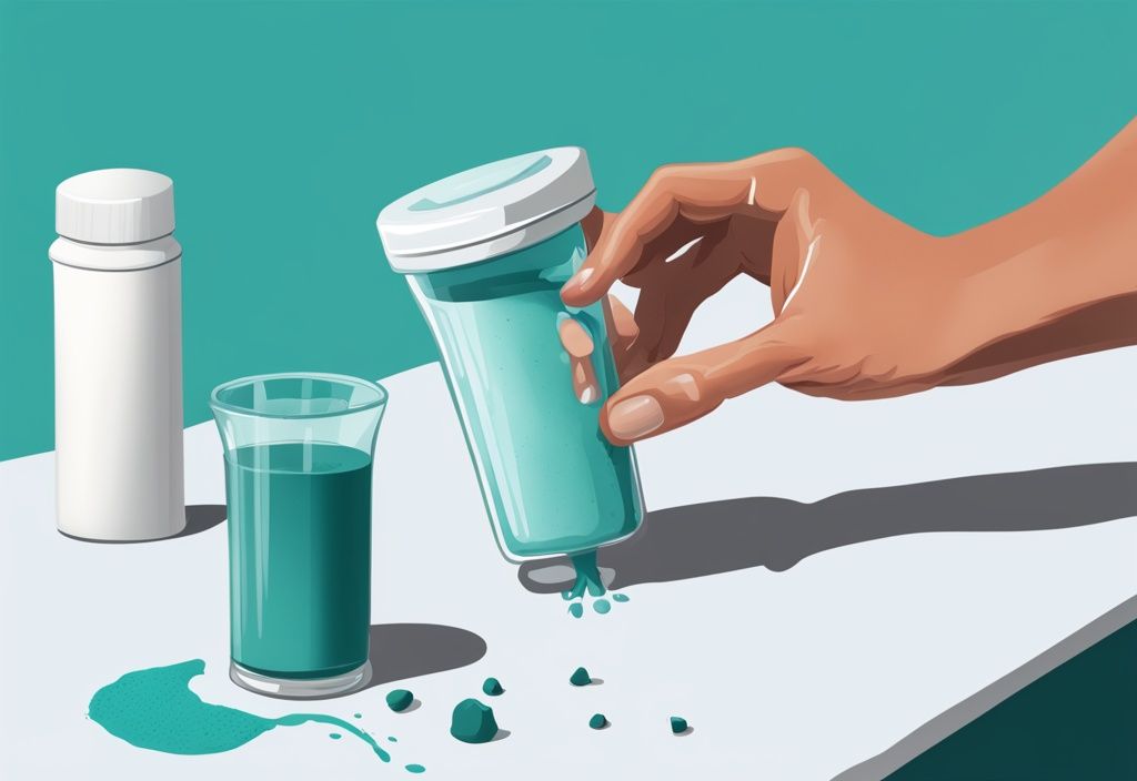 Moderne digitale Illustration in Türkis, Hände öffnen einen Protein Shaker, Proteinpulver und Messlöffel im Hintergrund, wie benutzt man einen Protein Shaker.