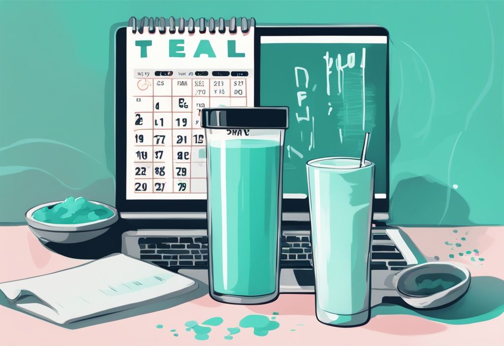 Moderne digitale Illustration in Teal, zeigt Kalender mit markierten Tagen und Zeiten neben einem Protein Shake, zur Veranschaulichung wie oft Protein Shakes trinken.