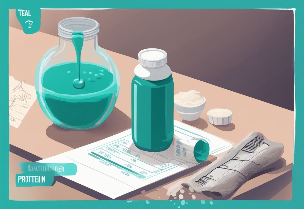 Moderne digitale Illustration in Teal: Eine Portion Proteinpulver wird in eine Shakerflasche gegossen, im Hintergrund ein Maßband und ein Ernährungsdiagramm. Keyword: wie viel Protein Pulver am Tag.