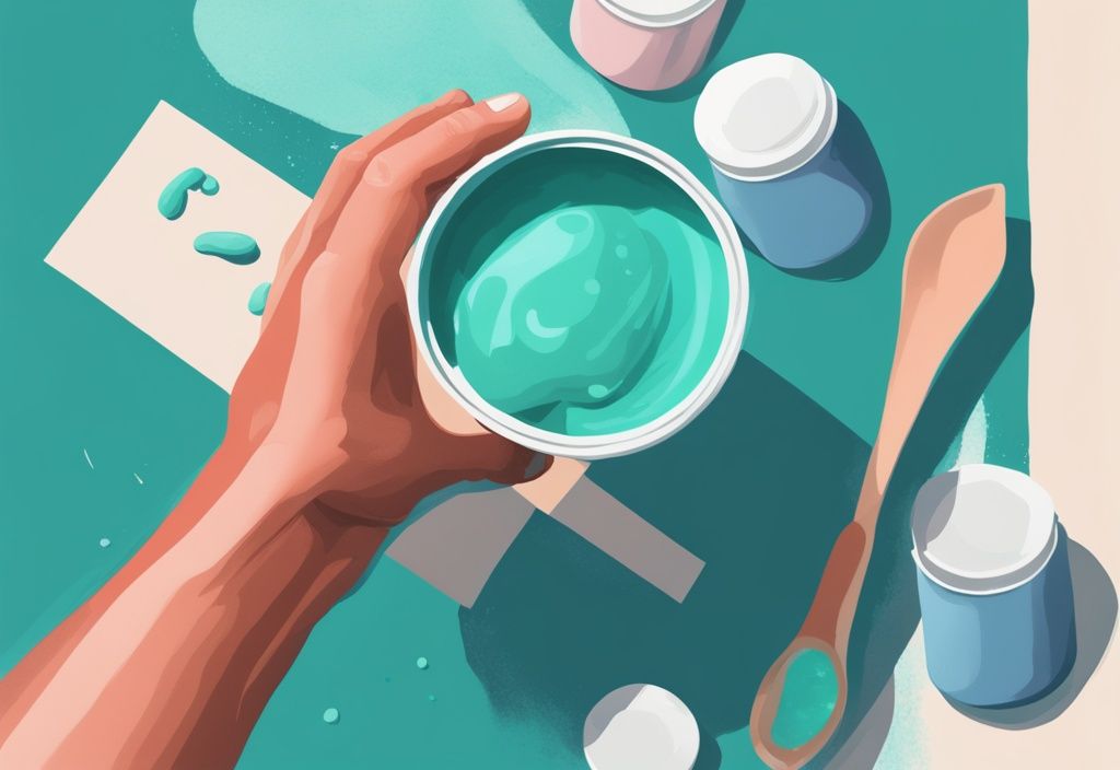 Moderne digitale Illustration in Teal, Hand beim Eiweißpulver dosieren über offenem Proteinbehälter