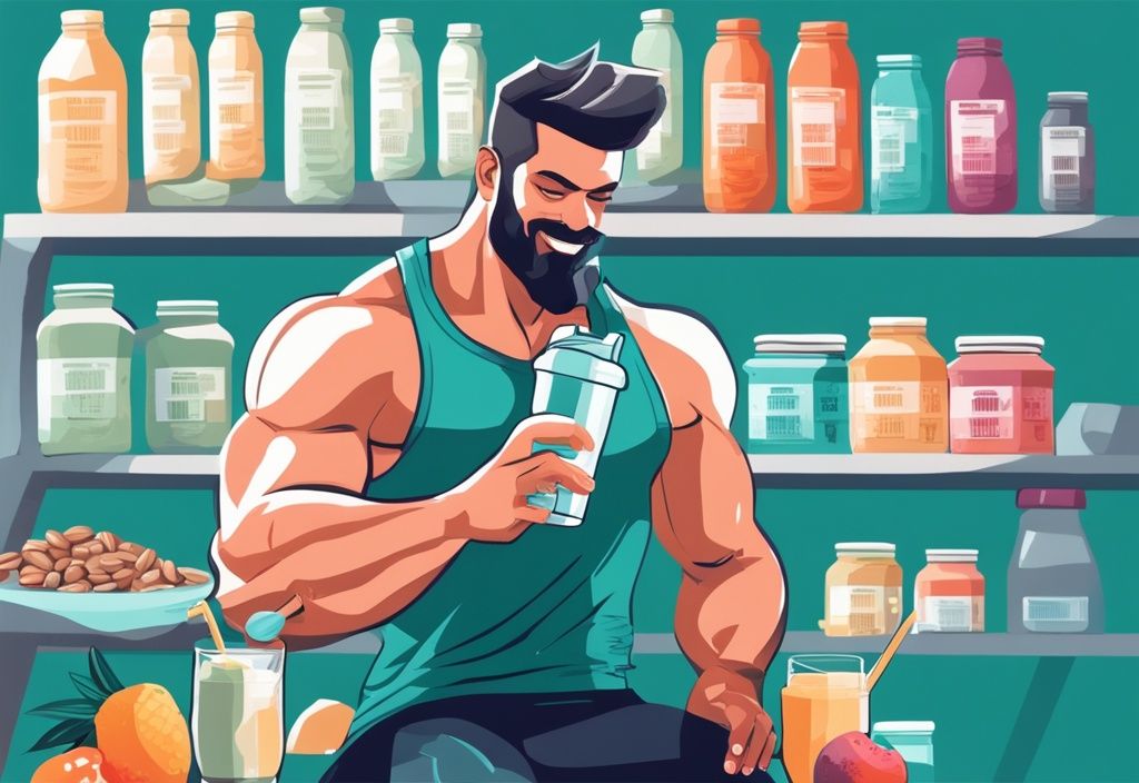 Moderner digitaler Gemälde-Illustration mit dem Hauptfarbthema Türkis: Muskulöse Person trinkt glücklich einen Molkenprotein-Shake, umgeben von verschiedenen Früchten, Nüssen und einem Löffel Molkenproteinpulver.