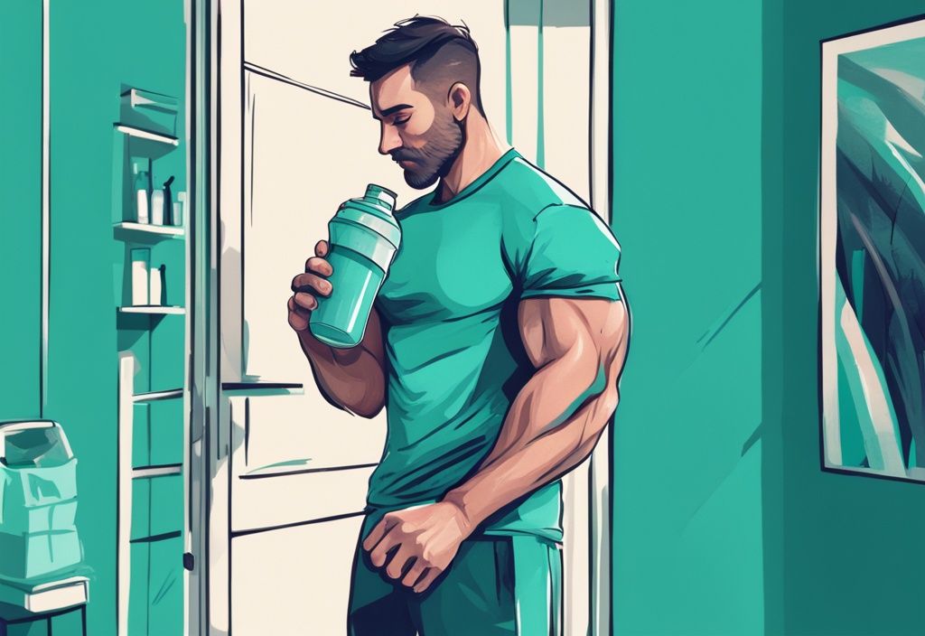 Moderner digitaler Gemäldeillustration eines Mannes in Sportkleidung, der einen Proteinshake hält und auf eine Uhr an der Wand schaut, die anzeigt, dass es nach dem Training ist, mit Hauptfarbthema in Türkis.