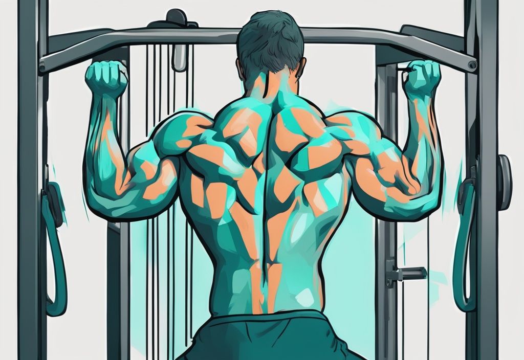 Moderne digitale Illustration einer Person, die eine Lat-Pulldown-Übung ausführt, mit hervorgehobenen und beschrifteten Muskeln: Latissimus dorsi, Bizeps und Rhomboiden, Hauptfarbthema Teal.