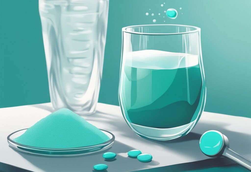 Moderne digitale Illustration in Teal: Eine Schaufel Protein Isolat Pulver neben einem Glas Wasser und einem Shaker, mit der molekularen Struktur von Protein im Hintergrund - was ist Protein Isolat?