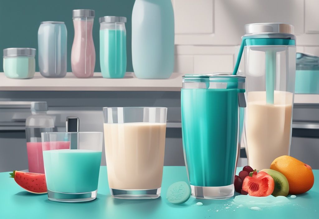 Schritt-für-Schritt-Anleitung zur Zubereitung eines Proteinshakes mit Mixer, Proteinpulver, Früchten, Milch und fertigem Shake in einem Glas, moderne digitale Illustration in Teal-Farbtönen