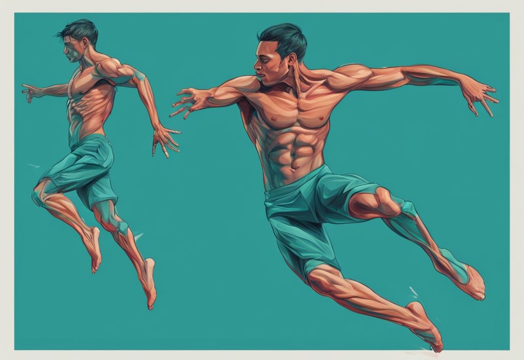 Moderne digitale Malerei-Illustration in Teal, die eine anatomische Darstellung einer springenden Person zeigt und welche Muskeln werden beim Springen beansprucht.