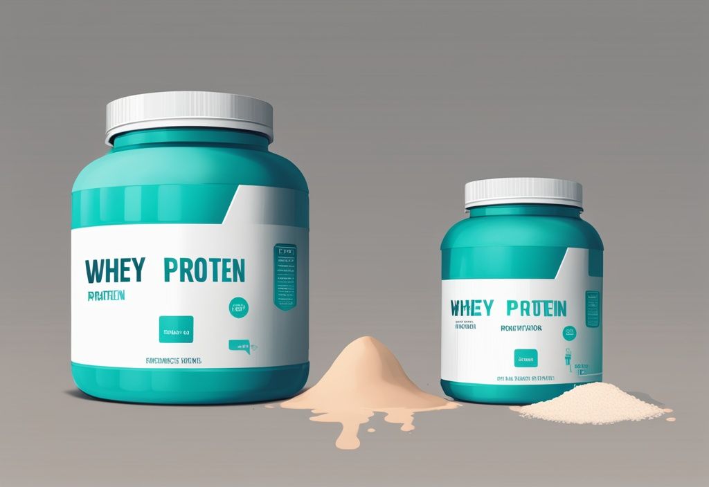 Moderne digitale Malerei mit zwei Behältern, einer mit der Aufschrift "Whey Protein" und der andere mit "Regular Protein", die Unterschiede zwischen den Proteinen in Teal-Farbtönen hervorheben.