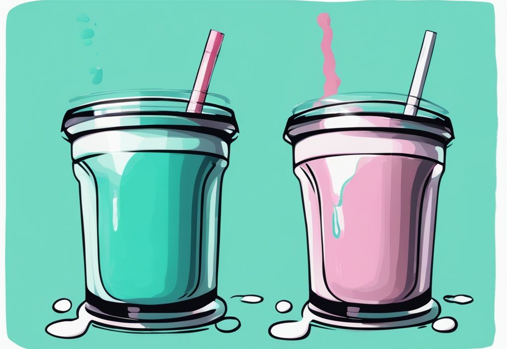 Moderne digitale Malerei mit zwei Proteinshakes in Teal-Tönen, einer mit Wasser und der andere mit Milch gemischt, mit sichtbaren Unterschieden in Textur und Farbe.