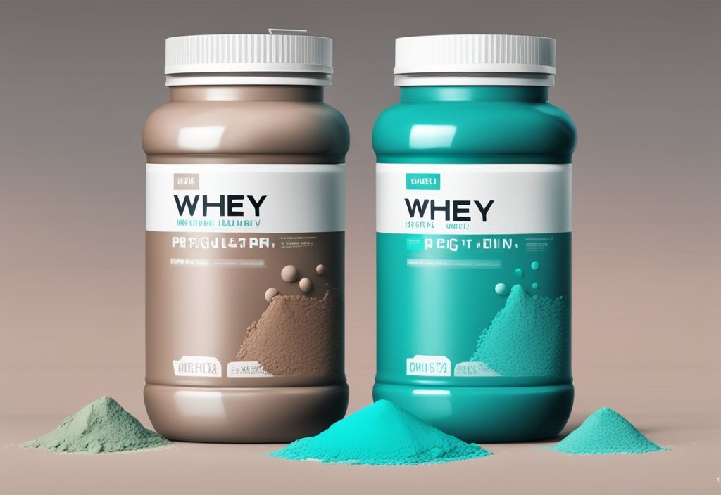 Zwei Proteinpulverbehälter nebeneinander, einer mit der Aufschrift 'Whey Protein' und der andere 'Regular Protein', mit visuellen Hinweisen auf ihre Unterschiede, was ist der Unterschied zwischen Whey Protein und normalem Protein.