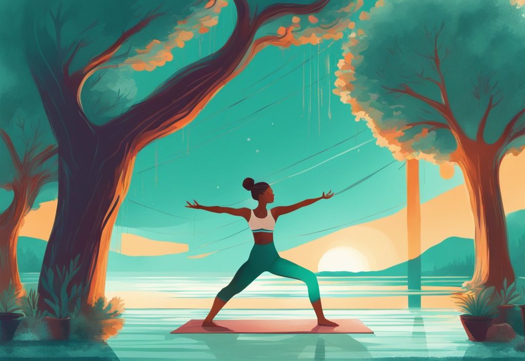 Moderne digitale Malerei einer strahlenden Person in einer morgendlichen Yoga-Routine im Freien, Hauptfarbe Teal, symbolisiert Energie und Lebensfreude.