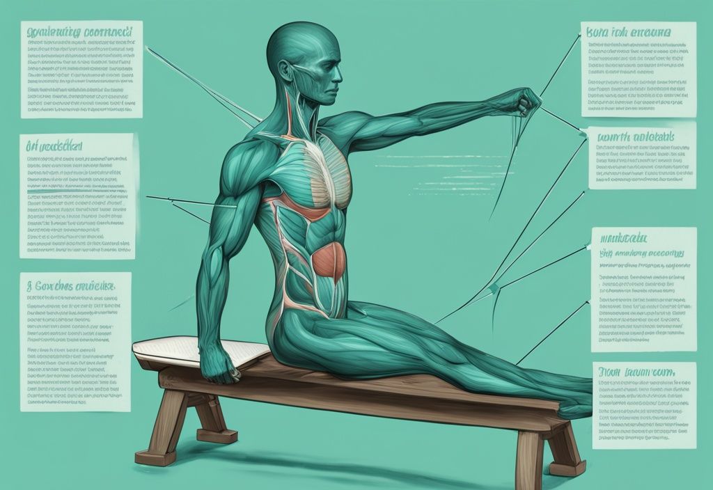 Anatomische Illustration eines menschlichen Körpers, die zeigt, welche Muskeln beim Rudern trainiert werden, mit hervorgehobenen und beschrifteten Muskeln, Hauptfarbthema: Türkis.