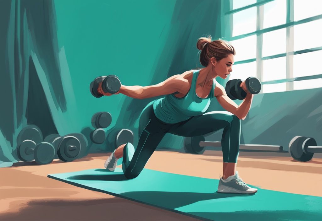 Moderner digitaler Gemälde-Illustration eines Fitness-Enthusiasten bei einer seitheben-Übung mit einem in der Hand gehaltenen Hantel, Hauptfarbthema ist Türkis.