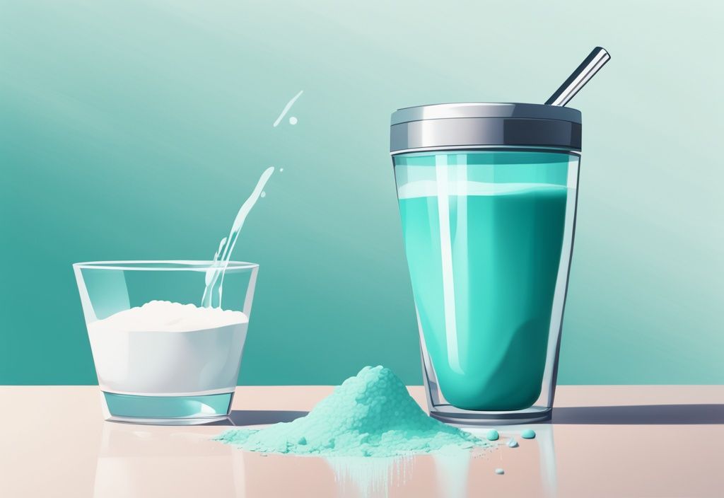 Moderne digitale Illustration in Türkis: Ein Löffel Protein-Isolat-Pulver neben einem Glas Wasser und einem Shaker, mit der Molekularstruktur von Protein im Hintergrund. Keyword: was ist Protein Isolat.