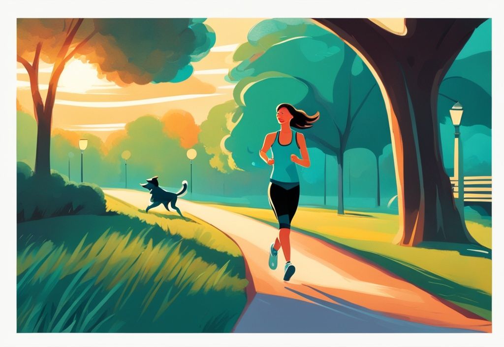 Frau joggt fröhlich mit Hund im Park bei Sonnenaufgang, symbolisiert mehr Energie im Alltag