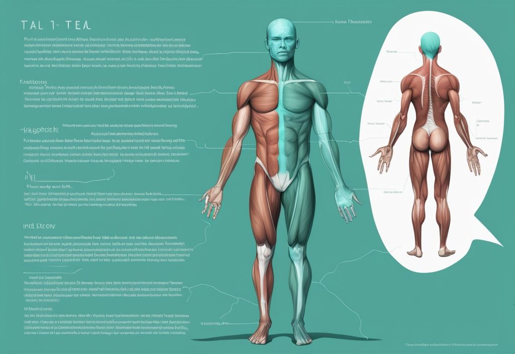 Moderne digitale Illustration mit Diagramm des menschlichen Körpers, das die Muskeln hervorhebt und beschriftet, welche Muskeln sorgen für eine aufrechte Haltung.