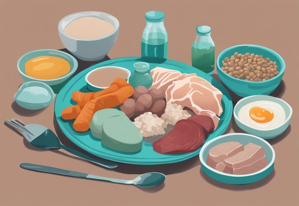 Moderne digitale Illustration in Teal, die verschiedene proteinreiche Lebensmittel auf einem Teller zeigt, mit Beschriftungen zur Angabe, wie viel Protein pro Mahlzeit enthalten ist.