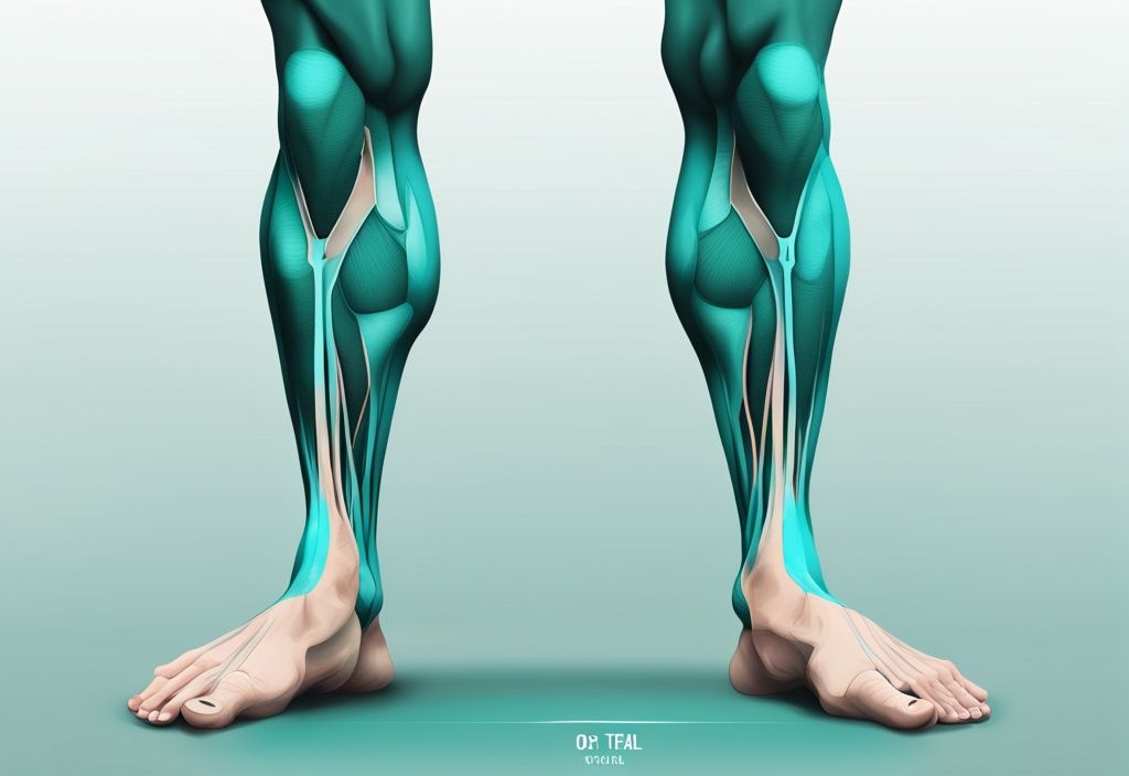 Moderne digitale Illustration eines menschlichen Beins mit detailliertem Diagramm und hervorgehobenen Muskeln, die zur Korrektur von o-Beinen trainiert werden; Hauptfarbe ist Türkis. o-Beine welche Muskeln trainieren.