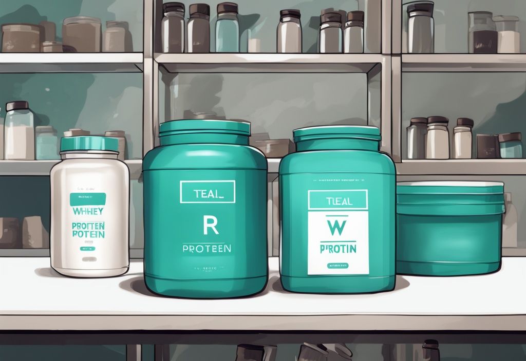 Moderne digitale Illustration in Teal: Zwei Behälter nebeneinander, einer mit der Aufschrift 'Whey Protein' und der andere 'Reguläres Protein', mit visuellen Hinweisen auf ihre Hauptunterschiede.