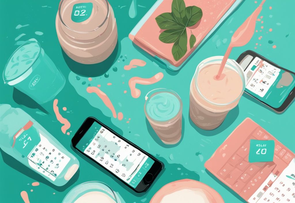 Digitale Illustration eines modernen Kalenders in Teal, der die Einnahmehäufigkeit verschiedener Proteinshakes anzeigt.