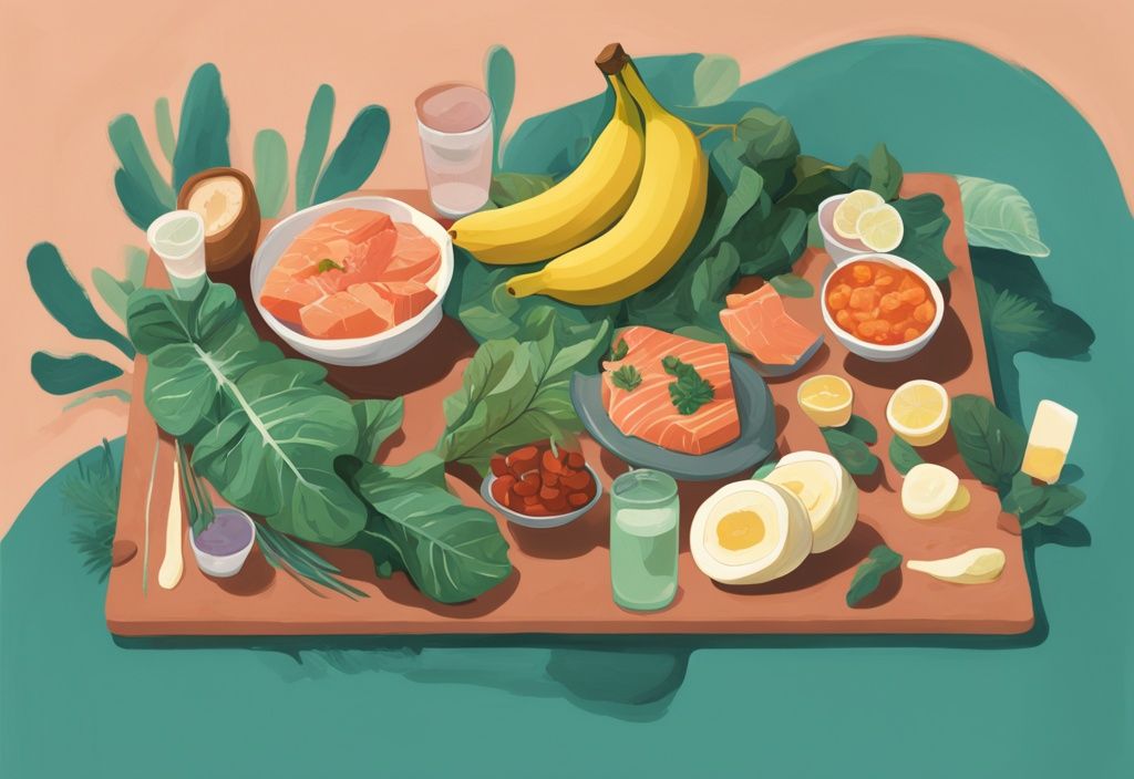 Moderne digitale Malerei mit Teal-Farbschema, zeigt Bananen, Spinat, Lachs und eine Person beim Yoga, symbolisiert gesunde Ernährung und Bewegung für Muskeln und Nerven.