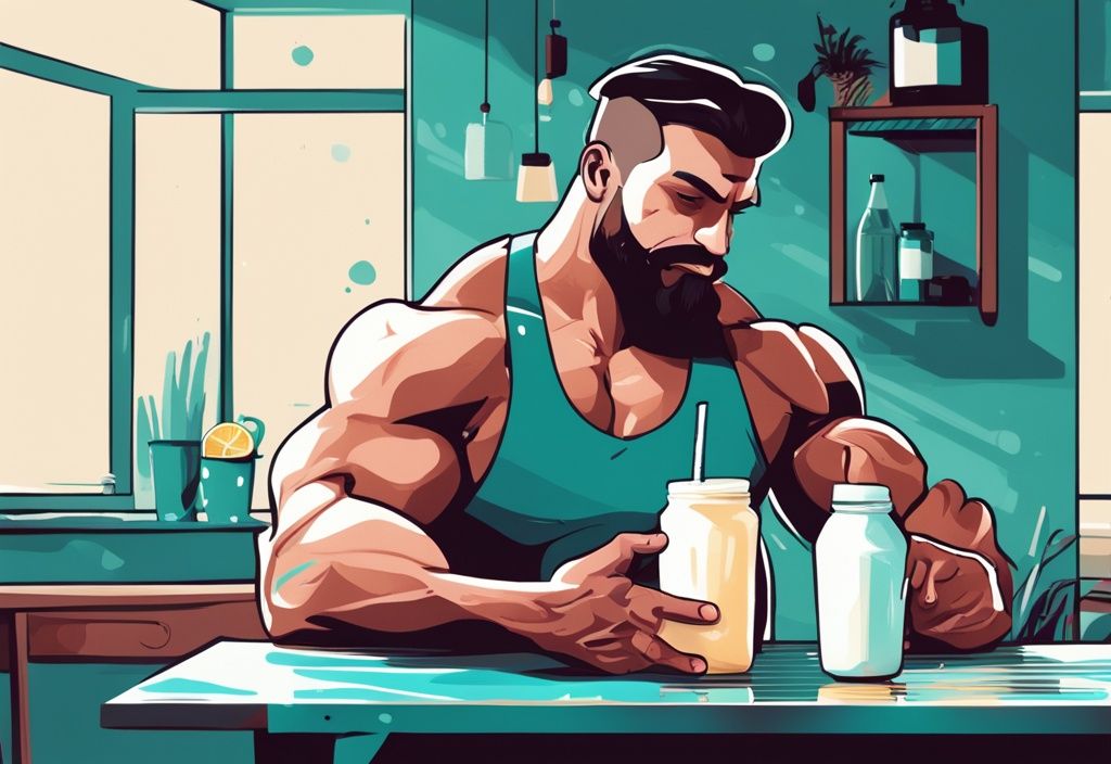 Moderne digitale Illustration in Türkis: Muskelbepackte Person genießt nach dem Training einen Shake, mit Whey Protein, frischen Früchten und einem Glas Milch auf dem Tisch. Ist Whey Protein gesund?