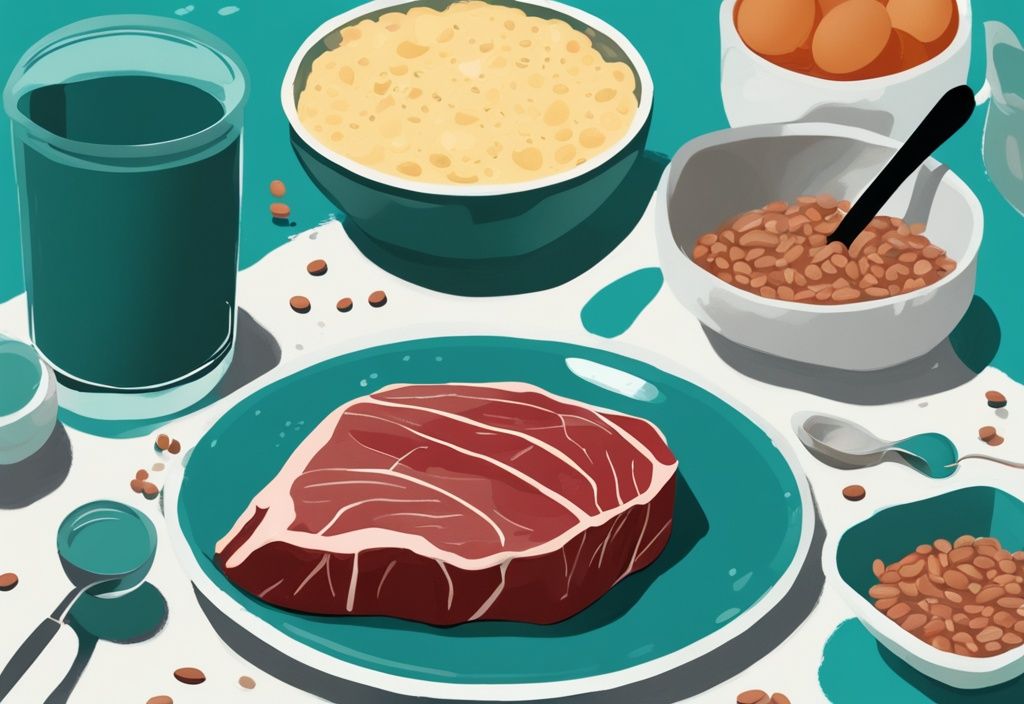 Moderne digitale Malerei mit Protein-reichen Lebensmitteln wie Steak, Eier und Bohnen neben Messbechern zur Anzeige des Proteingehalts pro Portion, Hauptfarbe Teal.