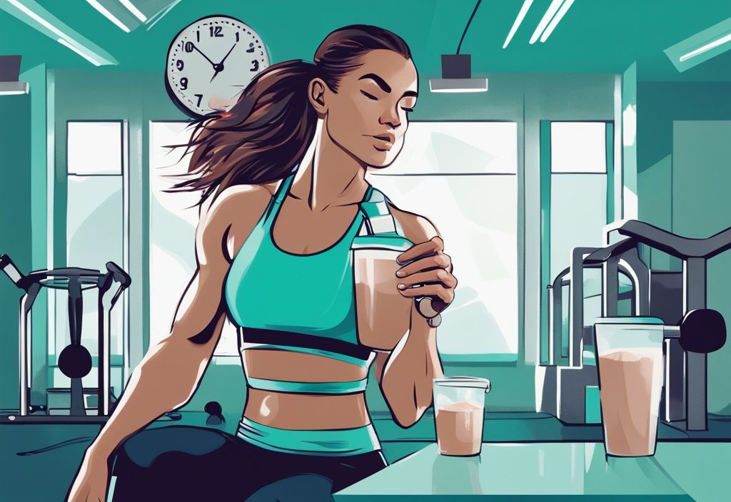 Fitness-Enthusiast trinkt nach dem Training einen Proteinshake, wann Protein Shakes trinken, mit einer Uhr im Hintergrund, die die optimale Zeit anzeigt, moderne digitale Illustration in Teal.